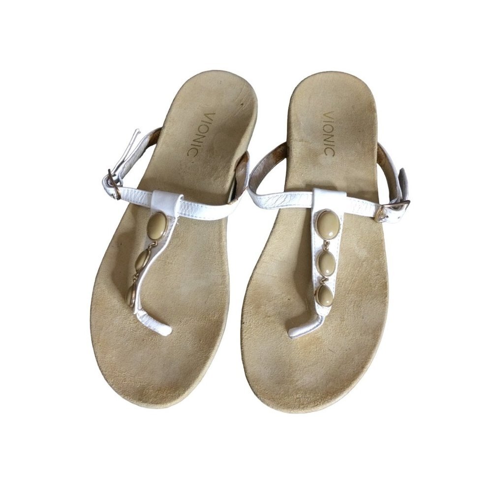 Vionic White T-Strap Sandals with Tan Accents